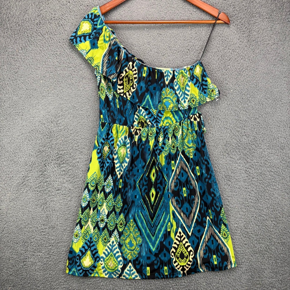 Wet Seal One‎ Shoulder Ruffle Mini Dress Blue Green Ikat Tribal Print Size L